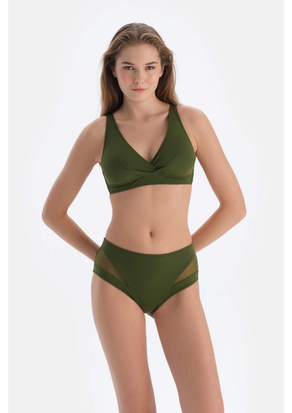 Haki Tül Detaylı Yüksek Bel Bikini Alt