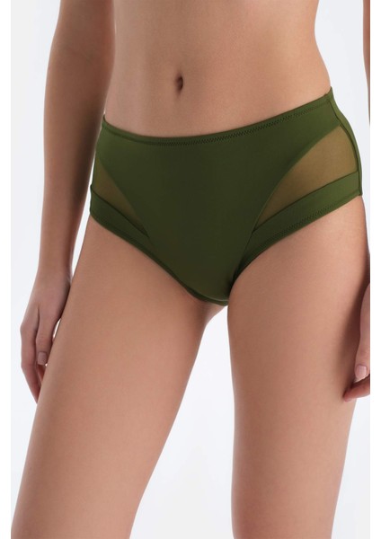 Haki Tül Detaylı Yüksek Bel Bikini Alt