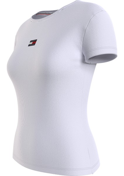 Bisiklet Yaka Düz Beyaz Kadın T-Shirt Tjw Slım Badge Rıb Tee modelleri