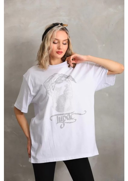 Unisex Taş Desenli Oversize T-Shirt - Beyaz