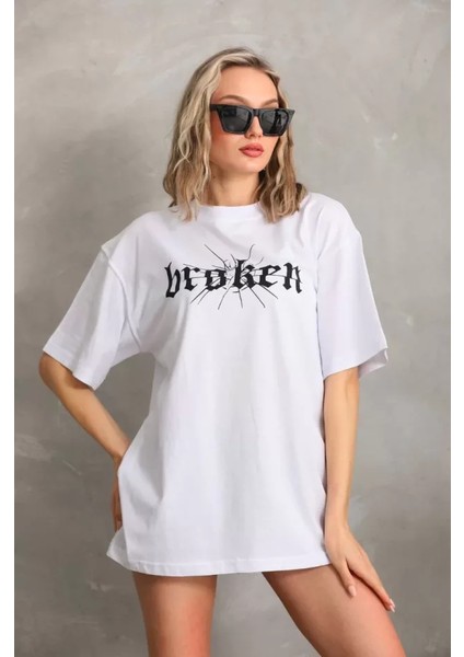 Unisex Baskılı Oversize T-Shirt - Beyaz