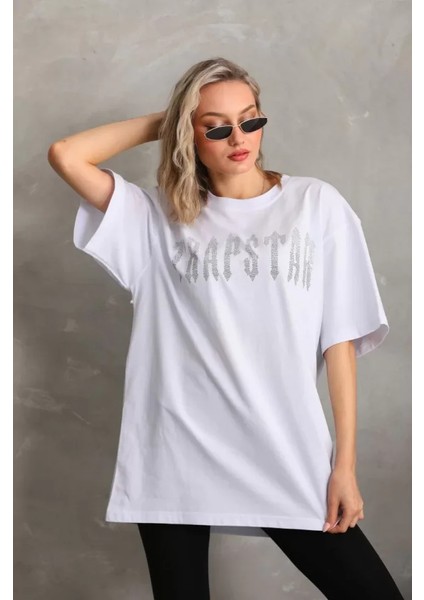 Unisex Taş Desenli Oversize T-Shirt - Beyaz