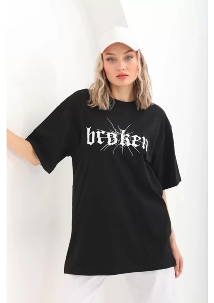 Unisex Baskılı Oversize T-Shirt - Siyah