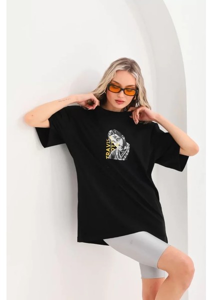 Unisex Baskılı Oversize T-Shirt - Siyah