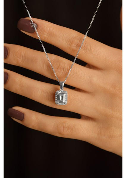 Zirkon Taşlı Rodyum Tektaş Baget Gümüş Kolye