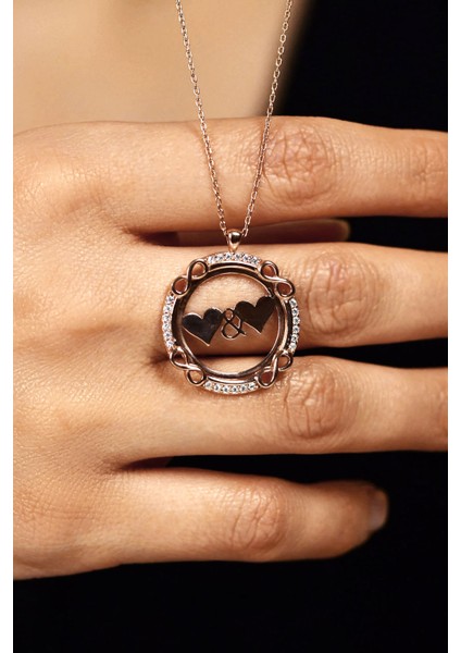 Zirkon Taşlı Rose Çift Kalp Isimli Gümüş Kolye fiyatları