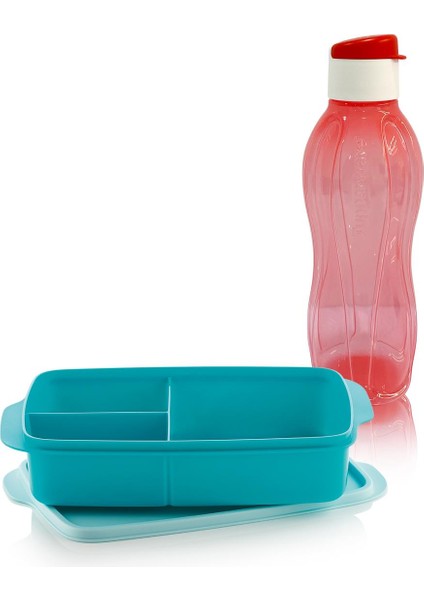 Eco Şişe Suluk 750ML Kor Pırıltı & Bölmeli Beslenme Kutusu 1l Mavi Set