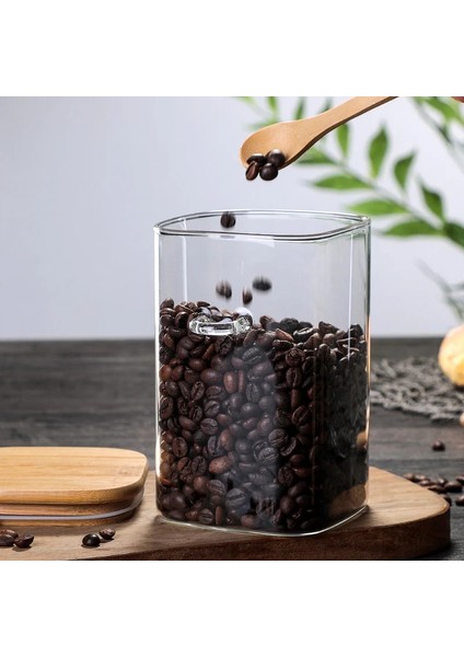 Kare Küçük 800ML Stili Mutfak Kare Cam Mühürlü Kavanoz Kahve Çekirdeği Saklama Kabı Tahta Kaşık Baharat Şişesi Taze Tutma Organizatör (Yurt Dışından) fırsatları