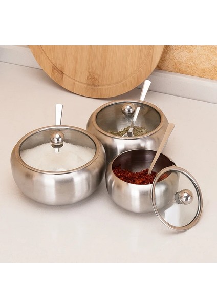 M Tarzı Mom's El Mutfak Baharat Kutusu Paslanmaz Çelik Büyük Cam Şeffaf Kapaklı ve Kaşıklı Şekerlik (Yurt Dışından) fırsatları