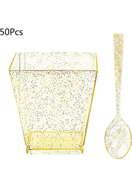 Mini Tadım Kaşıkları ile 50 Takım Kare Küçük Tatlı Bardakları 2oz Tek Kullanımlık Altın Glitter Tatlı Plastik Kaseler Kichen Gıda Depolama (Yurt Dışından) modelleri