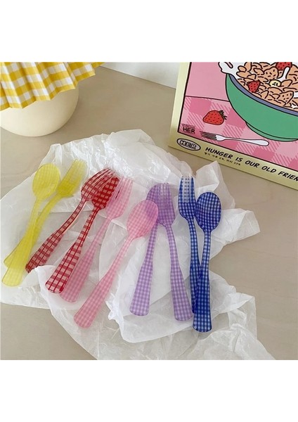 D Stili 1 Takım Fransız Tarzı Retro Ekose Tatlı Kaşığı ve Çatal Plastik Çay Kahve Karıştırma Kaşığı Eski Içecek Sofra Takımı Çiçekler Çay Kaşığı (Yurt Dışından)