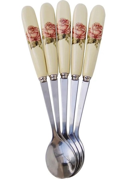 5 Adet Kraliçe Gül Tarzı Et Paslanmaz Çelik Seramik Saplı Çay Kaşığı Yaratıcı Kahve Kaşığı Bal Tatlı Dondurma Kaşığı Küçük Çay Kaşığı 15*2.6cm (Yurt Dışından)