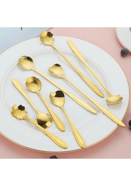 Kısa Sakura Stili 6 Adet Altın Çiçek Paslanmaz Çelik Çay Kaşığı Seti Kahve Kaşığı Bal Tatlı Dondurma Kaşığı Uzun Saplı Çay Kaşığı Cafe Sofra Takımı (Yurt Dışından) modelleri