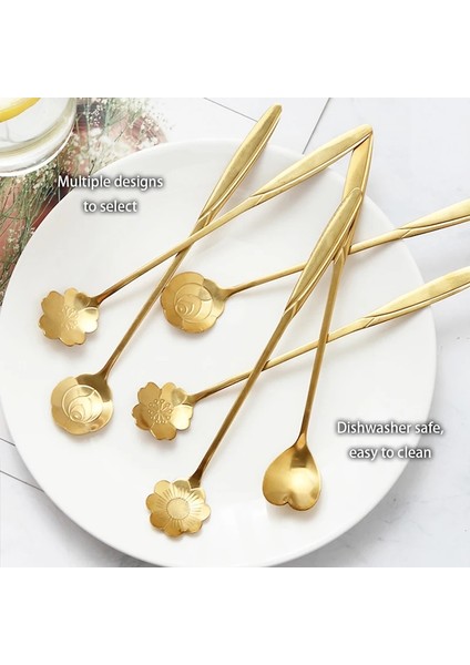 Kısa Sakura Stili 6 Adet Altın Çiçek Paslanmaz Çelik Çay Kaşığı Seti Kahve Kaşığı Bal Tatlı Dondurma Kaşığı Uzun Saplı Çay Kaşığı Cafe Sofra Takımı (Yurt Dışından) indirimleri