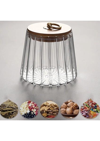 Yuvarlak Stil Gıda Saklama Şişesi Bambu Kapaklı Metal Saplı Borosilikat Cam Mühürlü Can Fasulye Şeker Çay Kahve Mutfak Koruma Kabı (Yurt Dışından)