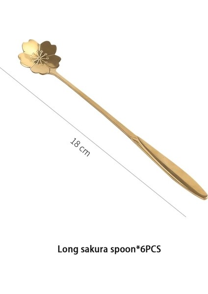 Uzun Sakura Stili 6 Adet Altın Çiçek Paslanmaz Çelik Çay Kaşığı Seti Kahve Kaşığı Bal Tatlı Dondurma Kaşığı Uzun Saplı Çay Kaşığı Cafe Sofra Takımı (Yurt Dışından)