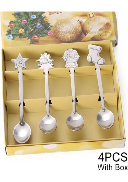 Kutu Tarzı ile 4 Adet Paslanmaz Çelik Kaşık Seti Noel Kahve Kaşığı Dondurma Çorbası Şeker Tatlı Çay Kaşığı Karıştırma Karıştırıcı Mutfak Sofra Takımı (Yurt Dışından)