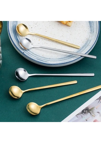 J Tarzı Paslanmaz Çelik Kahve Kaşığı Altın Kaplama Çay Kaşığı Yuvarlak Kafa Uzun Saplı Şeker Tatlı Kek Dondurma Çorba Kaşığı (Yurt Dışından) modelleri