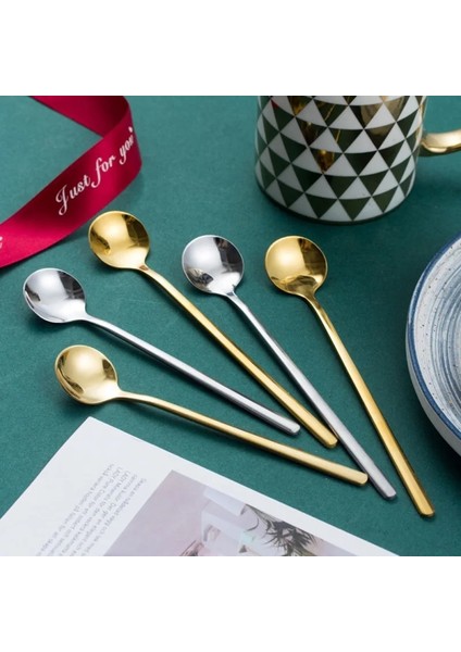J Tarzı Paslanmaz Çelik Kahve Kaşığı Altın Kaplama Çay Kaşığı Yuvarlak Kafa Uzun Saplı Şeker Tatlı Kek Dondurma Çorba Kaşığı (Yurt Dışından) fırsatları