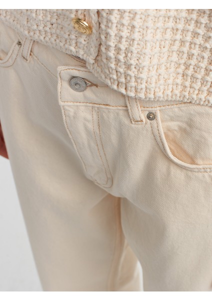 71448 Pamuklu Düşük Bel Wideleg Denim Pantolon-Ekru modelleri