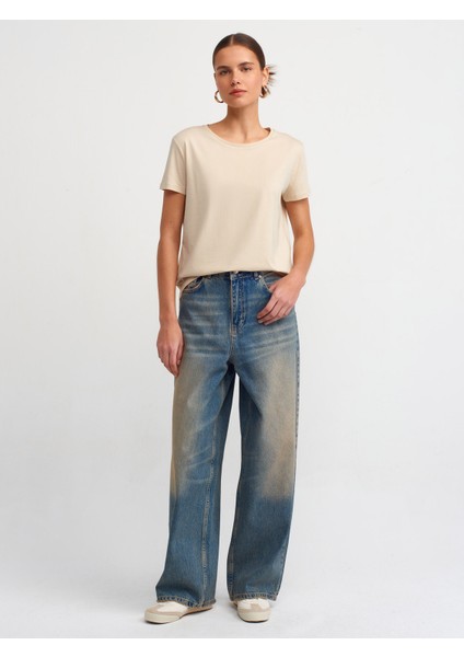 3471 Bisiklet Yaka Basic T-Shirt-Açık Bej