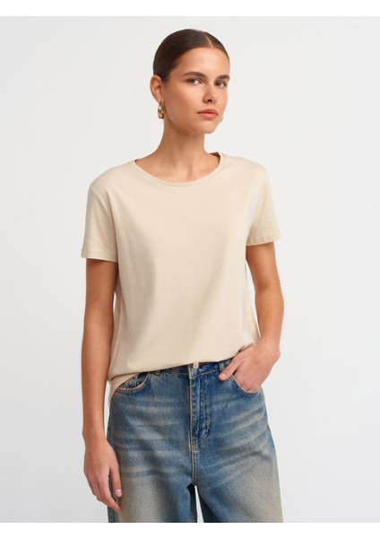3471 Bisiklet Yaka Basic T-Shirt-Açık Bej fiyatları