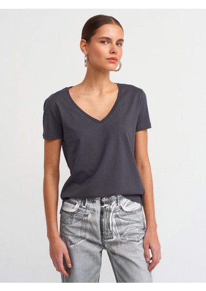 3470 V Yaka Basic T-Shirt-Antrasit fiyatları
