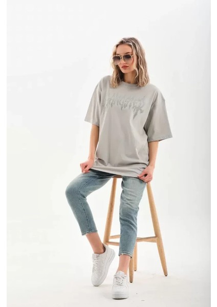 Unisex Taş Desenli Oversize T-Shirt - Gri modelleri