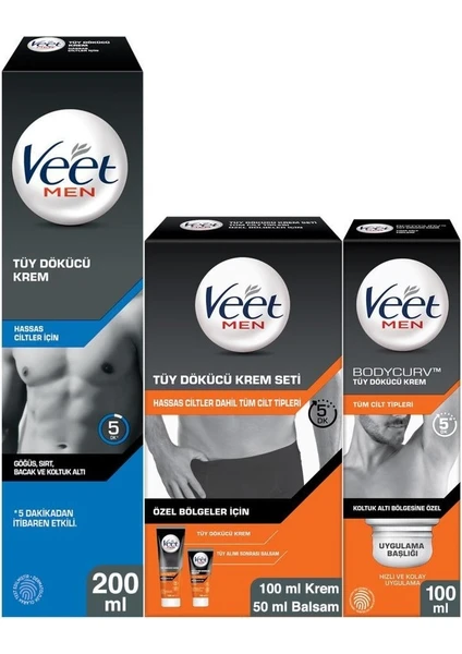 Veet Men Hassas 200ml + Koltuk Altı Özel 100ml + Özel Bölgeler İçin Tüy Dökücü Krem Seti 100&50 ml