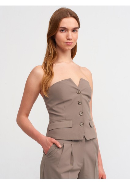 60535 Düğmeli Klasik Bluz-Vizon