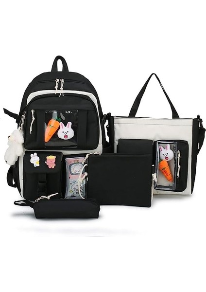Açık Sırt Çantası Büyük Kapasiteli Okul Çantası Postacı Çantası 4 Parçalı Set Siyah (Yurt Dışından)