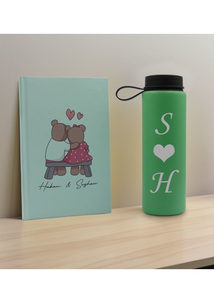 Sevgiliye Özel Isimli Su Yeşili Defter ve Yeşil Cam Matara Hediye Seti-3, Sevgiliye Hediye, Sevgililer Günü, Yeni Iş Hediyesi