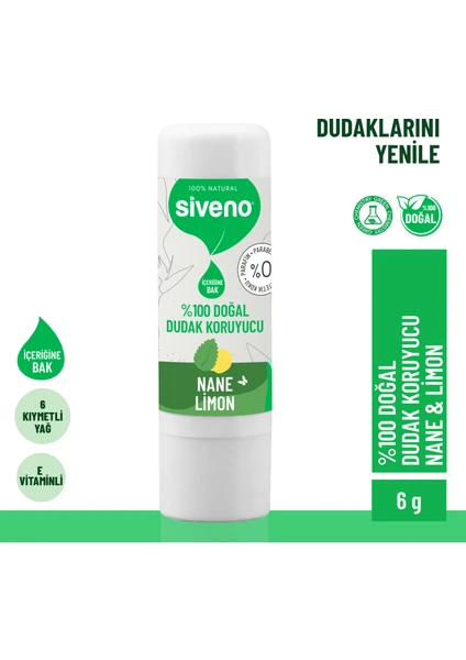 Doğal Dudak Koruyucu Nane & Limon Bitkisel Lipbalm Krem Nemlendirici Parlatıcı Onarıcı 6 G