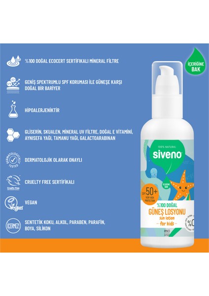 %100 Doğal Çocuk Güneş Losyonu Leke Karşıtı Antioksidan Nemlendirici Bitkisel Vegan UVA UVB SPF50