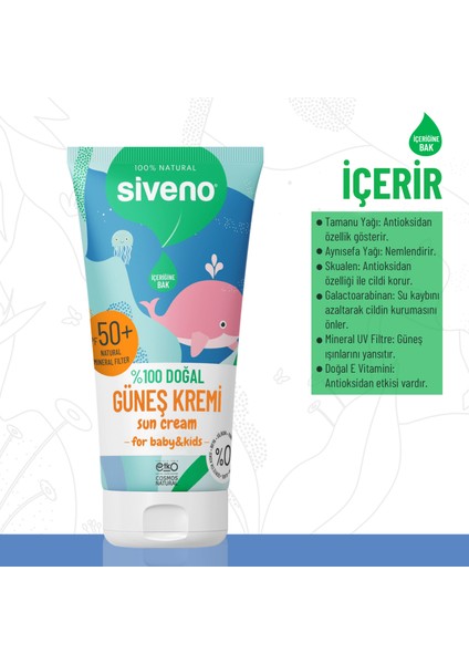 %100 Doğal Bebek Güneş Kremi Leke Karşıtı Antioksidan Nemlendirici Bitkisel Vegan UVA UVB SPF50