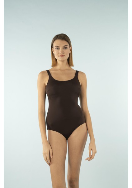 U Yaka Büyük Beden Mayo - Kahverengi