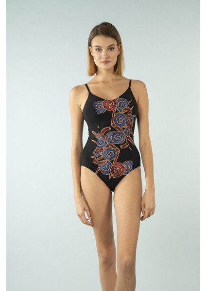 Desenli Ince Askılı V Yaka Mayo - Siyah