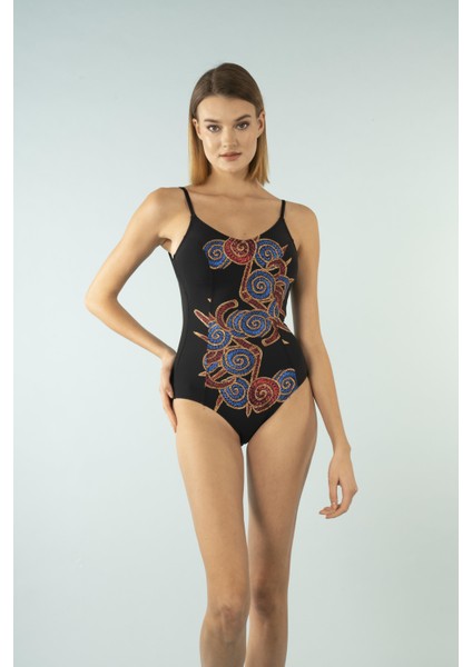 Desenli Ince Askılı V Yaka Mayo - Siyah modelleri