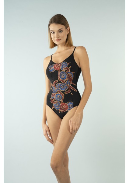 Desenli Ince Askılı V Yaka Mayo - Siyah fırsatları