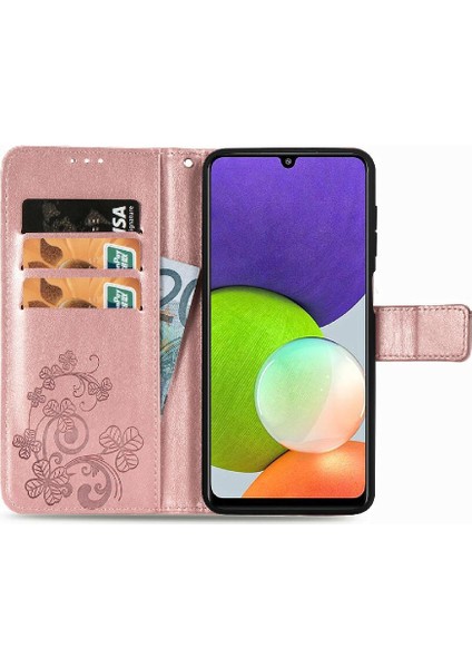 Samsung Galaxy A22 4g Dört Yapraklı Yonca Deri Kılıf Kısa Kayış (Yurt Dışından)