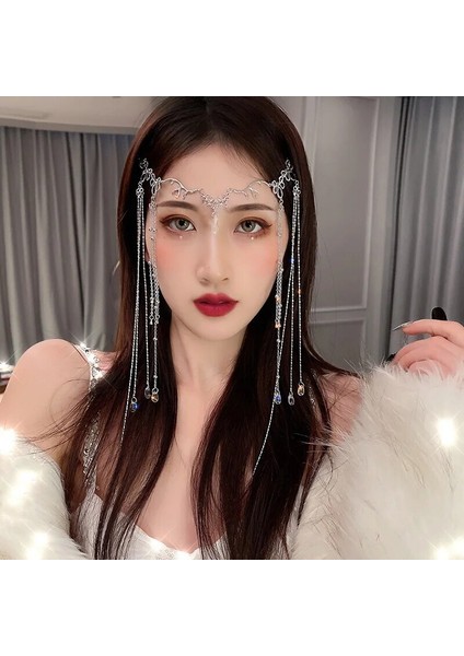 Rodyum Kaplama Fashioy Kafa Zinciri Rhinestone Uzun Püskül Saç Süs Su Damlası Kristal Retro Saç Tokası Kadın Gelin Saç Süsleme (Yurt Dışından)