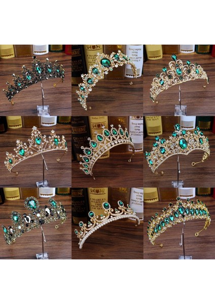 Prenses Tacı Lüks Yeşil Kristal Barok Diadem Rhinestone Gelin Taçlar ve Tiaras Kafa Bandı Düğün Parti Balo Pageant Saç Aksesuarları (Yurt Dışından) fiyatları