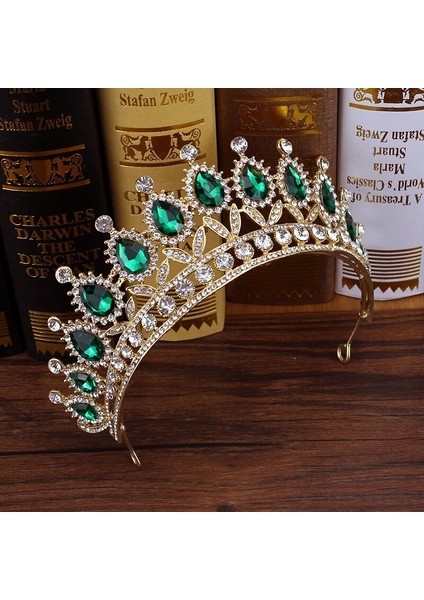 Prenses Tacı Lüks Yeşil Kristal Barok Diadem Rhinestone Gelin Taçlar ve Tiaras Kafa Bandı Düğün Parti Balo Pageant Saç Aksesuarları (Yurt Dışından) modelleri