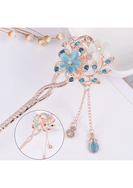 Yeşil Moda Metal Çin Tarzı Saç Sopa Çiçek Taklidi Saç Çubuklarını Saç Tokası Kedi Gözü Taş Klip Kadın Aksesuar (Yurt Dışından)
