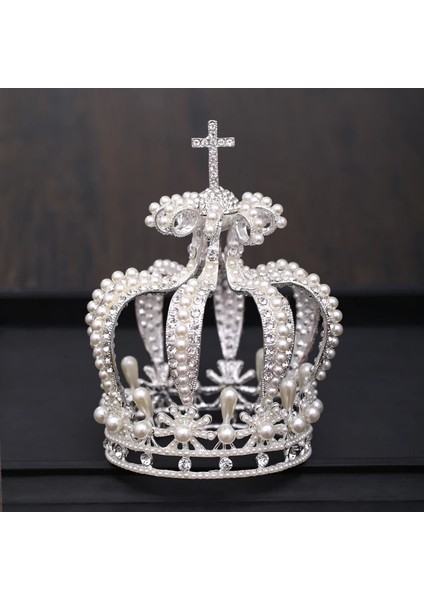 Gümüş Rengi Gelin Tacı Headdress Barok Kristal Inci Taç Altın Yuvarlak Taç Kraliçe Tiara Taç Takı Parti Düğün Saç Aksesuarları (Yurt Dışından)