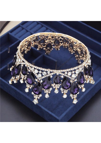 Altın Sarısı Mor Kristal Daire Gelin Diadem Kraliyet Kraliçe Yuvarlak Tiaras Gelin Başı Süsleri Ziyafet Düğün Taç Saç Takı Süsleme (Yurt Dışından)