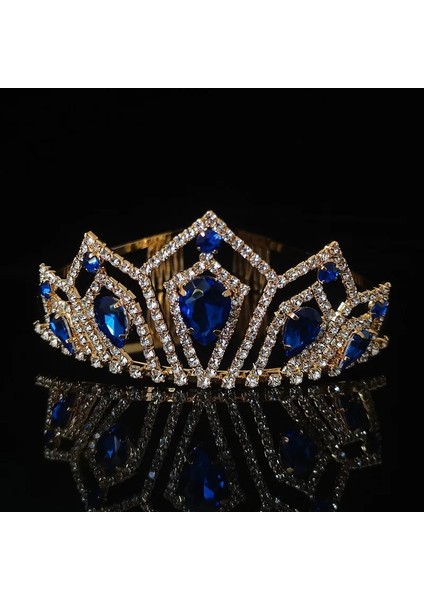 HG508 Altın Mavi Düğün Taç Gelin Şapkalar Prenses Kız Kadın Rhinestones Kristal Tiaras Altın Gelin Parti Taçlar Düğün Saç Aksesuarları (Yurt Dışından)