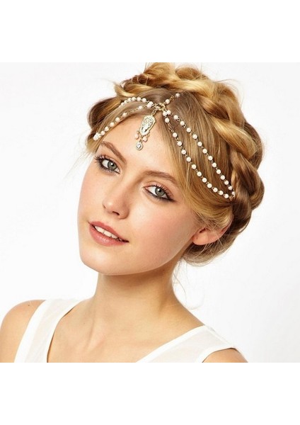 Beyaz Saç Dekorasyon Saç Bandı Baş Elbise Saç Bantları Moda Hint Boho Whitered Boncuklu Baş Parçası Kadın Baş Zincir Saç Takı (Yurt Dışından)