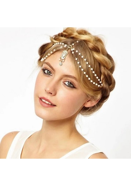 Beyaz Saç Dekorasyon Saç Bandı Baş Elbise Saç Bantları Moda Hint Boho Whitered Boncuklu Baş Parçası Kadın Baş Zincir Saç Takı (Yurt Dışından) fiyatları
