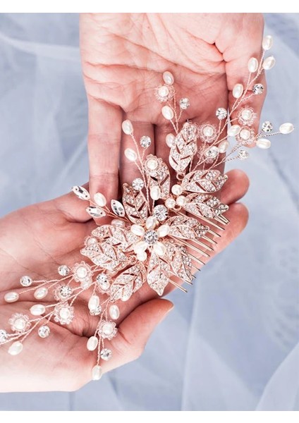 Gül Altın Rengi Trendy Yaprak Inci Gül Altın Düğün Saç Combs Tiara Gelin Başlığı Kadın Kafa Dekoratif Takı Düğün Saç Aksesuarları (Yurt Dışından)